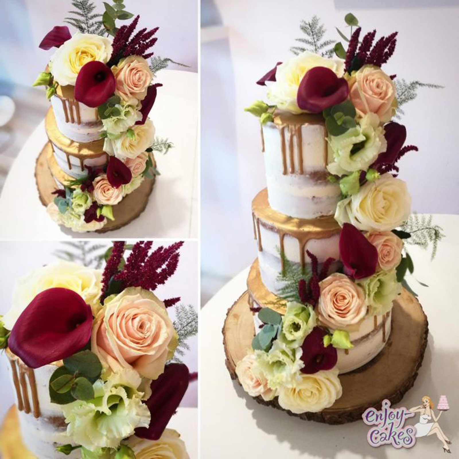 Semi-naked wedding cake with flowers