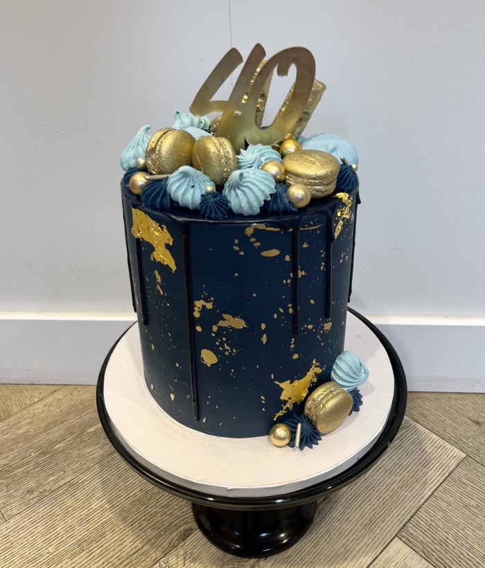 Navy blue and gold birthday cake