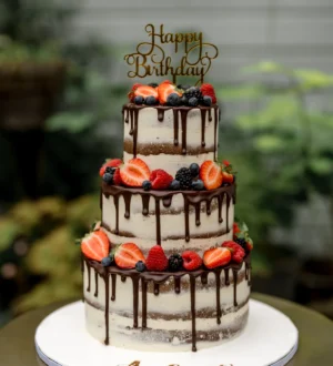 Semi-naked bruidstaart met chocolade drip en rood fruit Semi-naked bruidstaart met chocolade drip en rood fruit