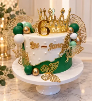 Groen-witte fondant taart met gouden kroon