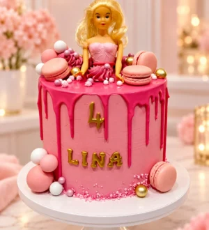 Roze barbie taart met macarons en ballen