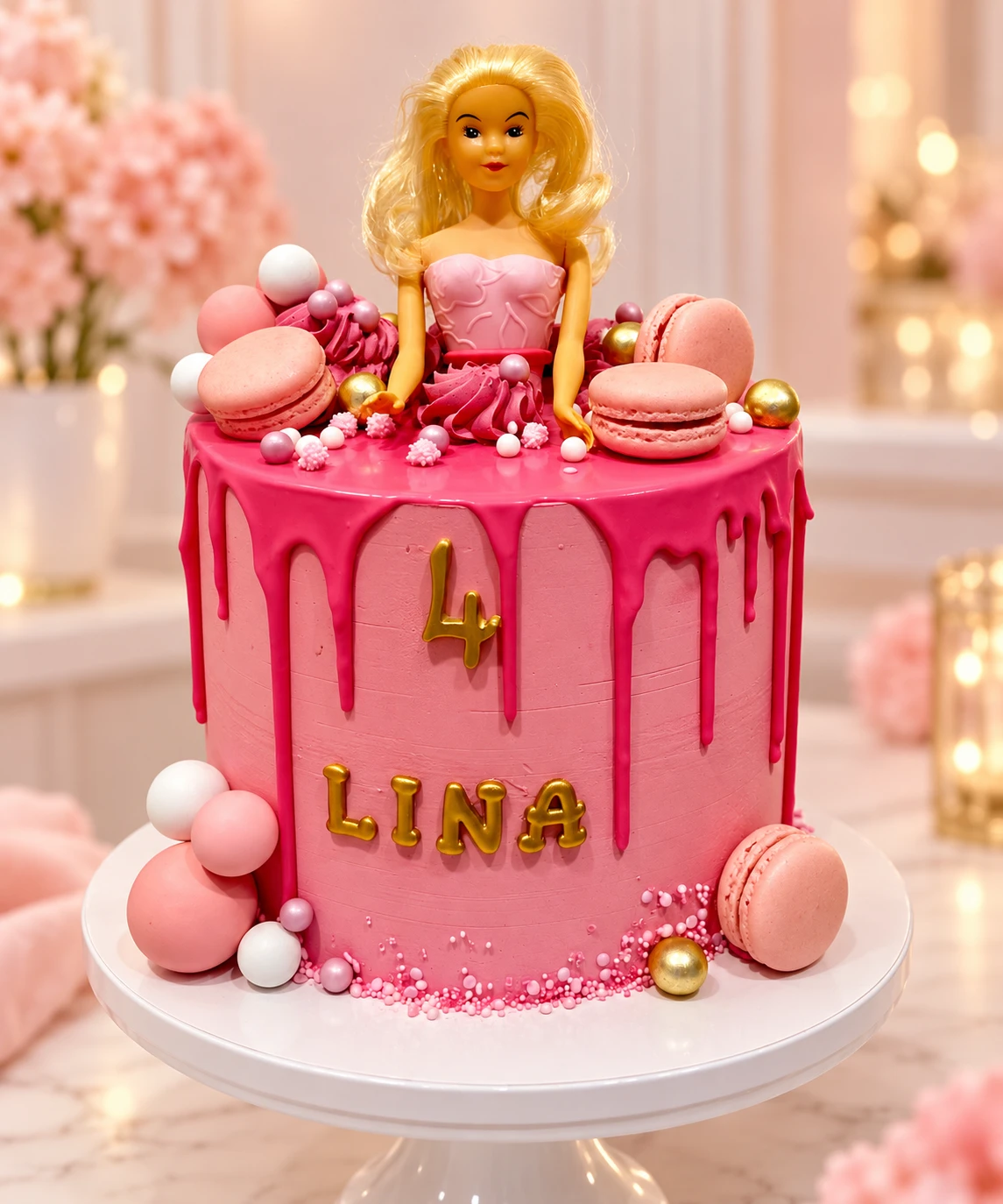 Roze barbie taart met macarons en ballen Roze barbie taart met macarons en ballen